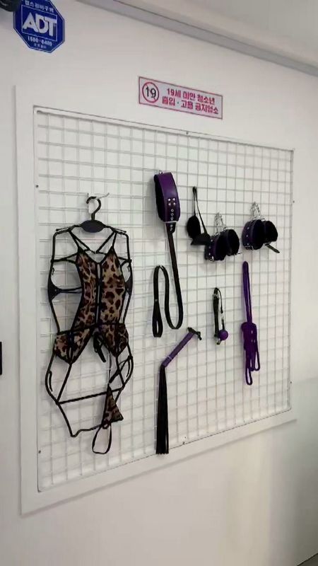 SHYMAN Konkuk Univ. adult goods store, BDSM gear and lingerie display wall with whips, handcuffs and a leopard bodysuit